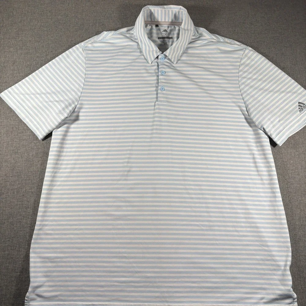 Adidas Golf Polo Mens 2XL Blue White Striped‎ Performance Short Sleeve Shirt